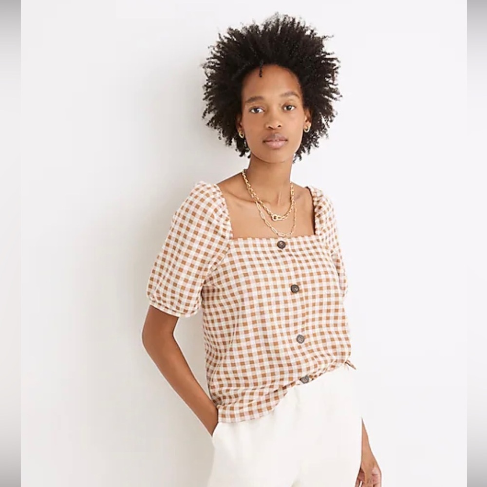 Gingham Jacquard Square Neck Puff-Sleeve Top